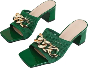 Women's Knit Open Toe Block Heel Mule Slides Fashion Square Toe Chain Slip On Mid Block Heel Sandals for Beach Parties