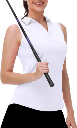 Womens Sleeveless Golf Polo Shirts Collared V Neck Tank Tops Moisture Wicking Tennis Workout Clothes Quick Dry