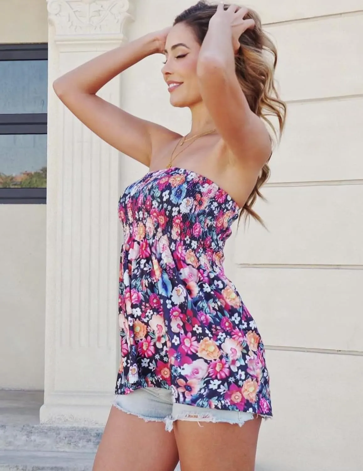 Womens Smocked Strapless Bandeau Tank Tops Floral Tube Tops Backless Bandeau Tunic Tops Sleeveless Shirts