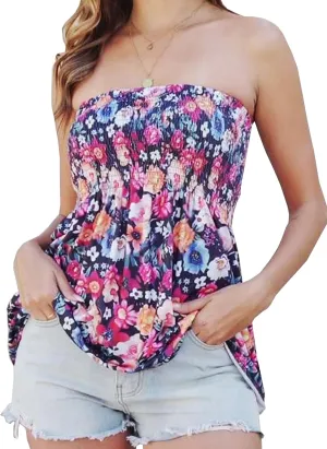 Womens Smocked Strapless Bandeau Tank Tops Floral Tube Tops Backless Bandeau Tunic Tops Sleeveless Shirts