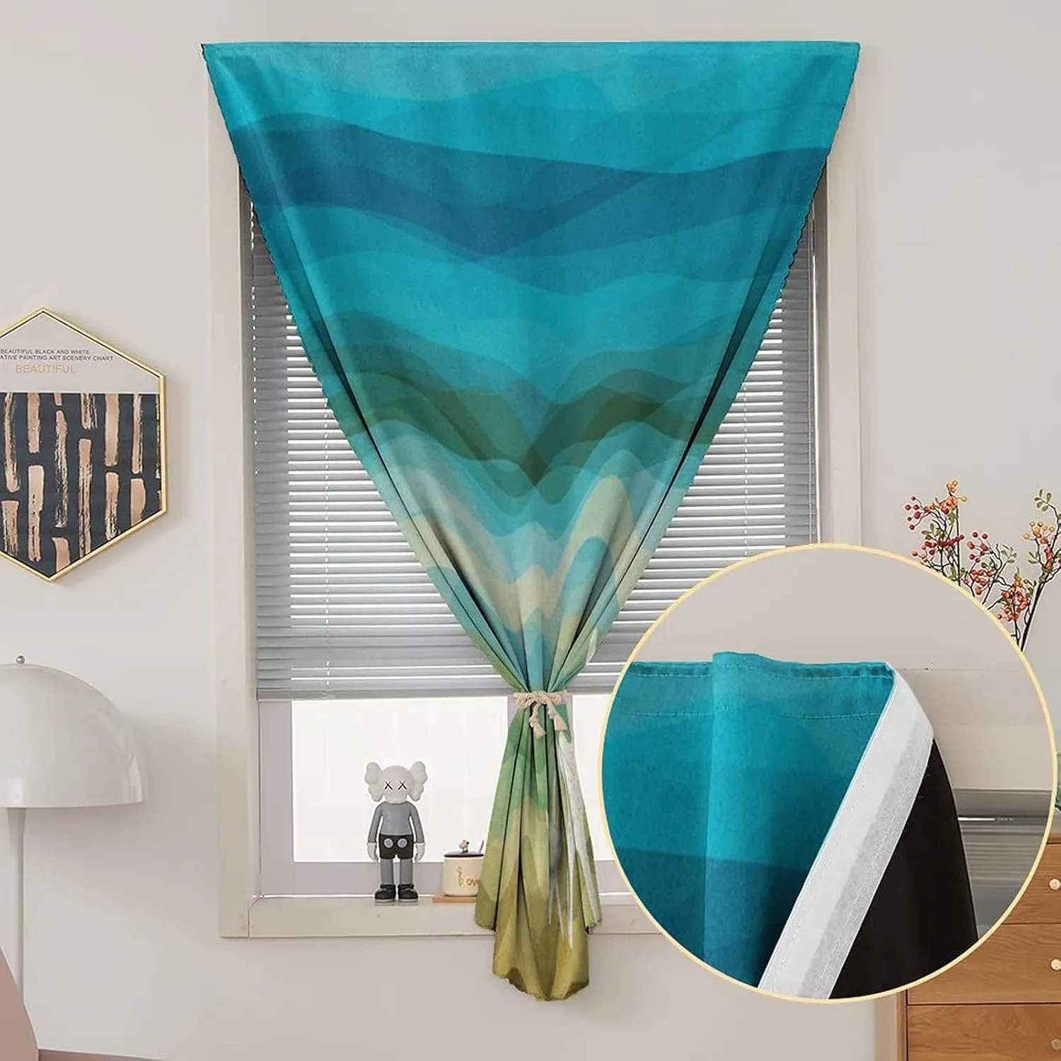 XISUNYA Travel Windows Blackout Curtain, Abstract Curtain Shades, Modern Waves Starfish Sandy Beach Aquatic Print Adjustable Temporary Blackout Shades,26W x40L Inch, for Bathroom Living Room Bedroom