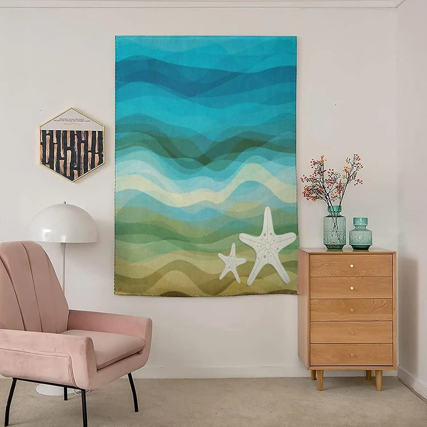 XISUNYA Travel Windows Blackout Curtain, Abstract Curtain Shades, Modern Waves Starfish Sandy Beach Aquatic Print Adjustable Temporary Blackout Shades,26W x40L Inch, for Bathroom Living Room Bedroom
