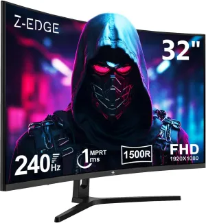 Z-Edge 32-inch Curved Gaming Monitor 16:9 1920x1080 240Hz 1ms Frameless LED Gaming Monitor, UG32P AMD Freesync Premium Display Port HDMI