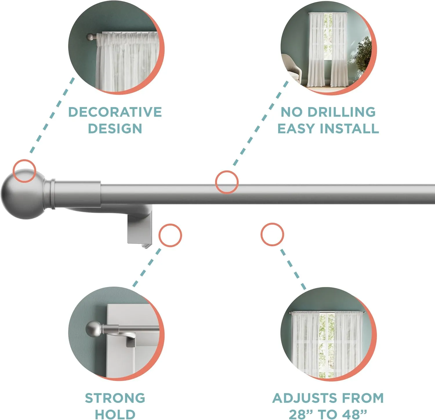 Zenna Home Tension Curtain Rod, No Drill Adjustable Window Curtain Rod with Decorative Round Finials, Easy Install Telescoping Rod, 28 - 48 Inches, Brushed Nickel