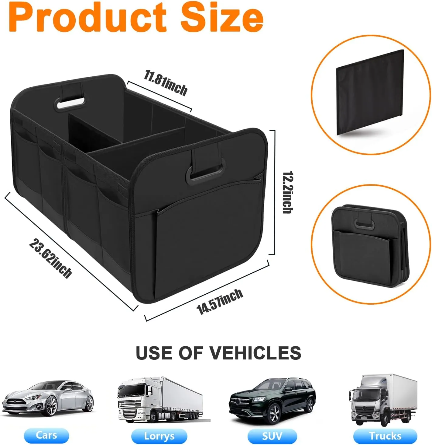 Ziciner Car Trunk Organizer, Collapsible Multi Compartment Car Organizer with Reinforced Handles, Foldable & Waterproof Oxford Polyester Car Storage Organizer, Universal Car Accessories (Black)